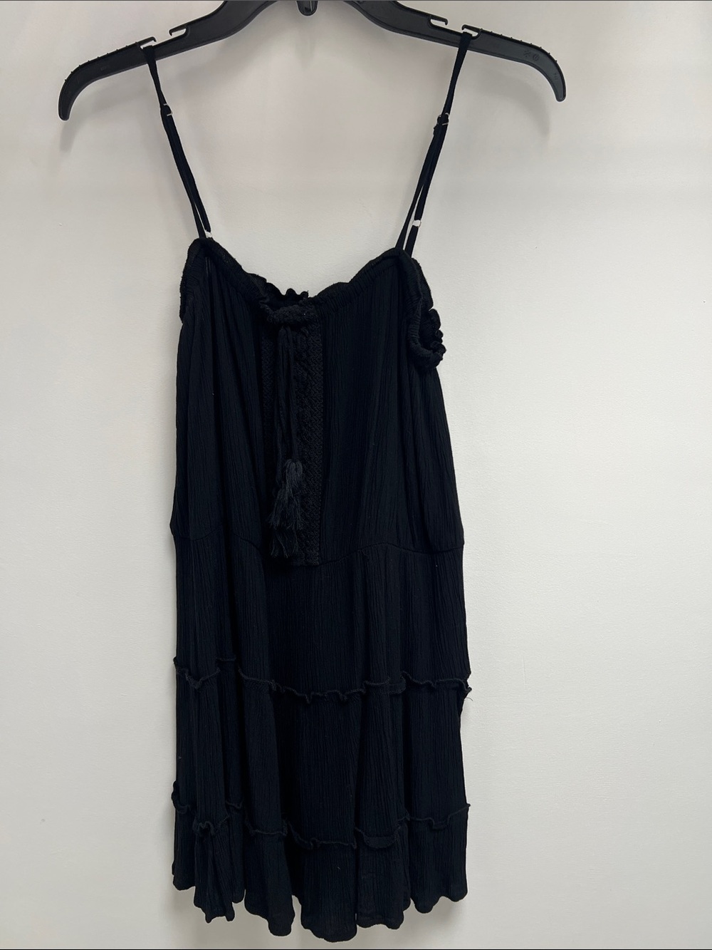 Black Tiered Mini Dress with Spaghetti Straps and Tassel Detail